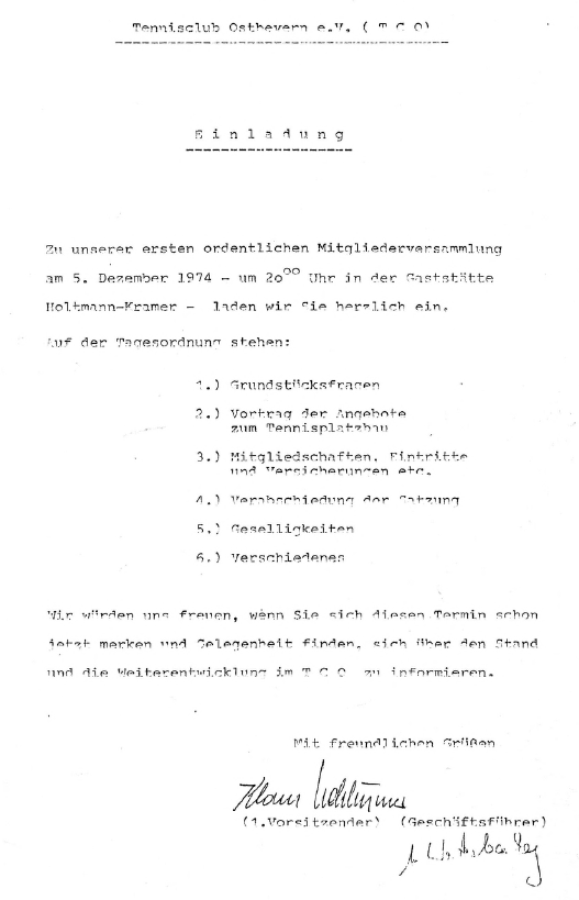 Einladung zur ersten ordentlichen Mitgliederversammlung am 05.12.1974