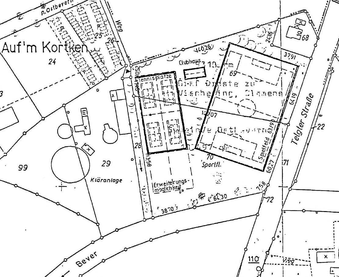 Derzeitiger Plan hinsichtlich der Tennisanlage auf dem Bolzplatz, der in der Bauausschusssitzung vorgestellt wurde, 12.09.1986