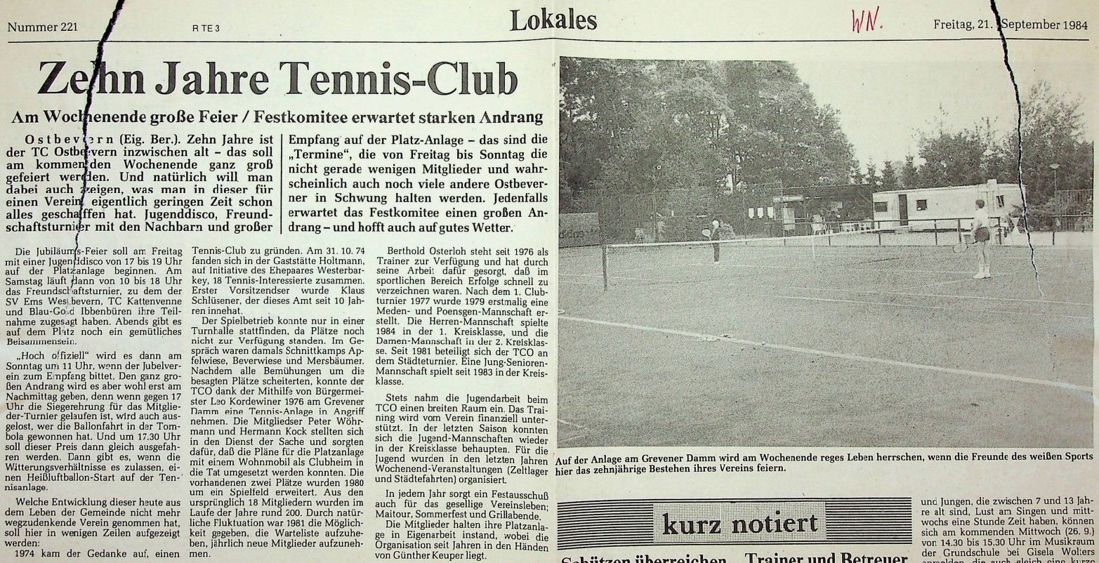 Zehn Jahre Tennis-Club. Am Wochenende große Feier: Festkomitee erwartet großen Andrang. WN vom 21.09.