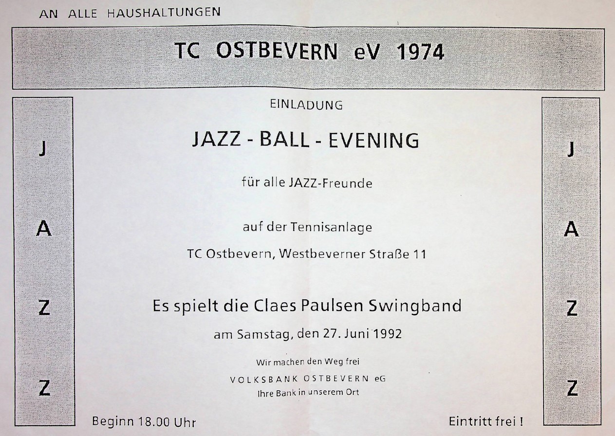 Einladung an alle Haushaltungen: Jazz-Ball-Evening auf der Tennisplatzanlage an der Westbeverner Straße.